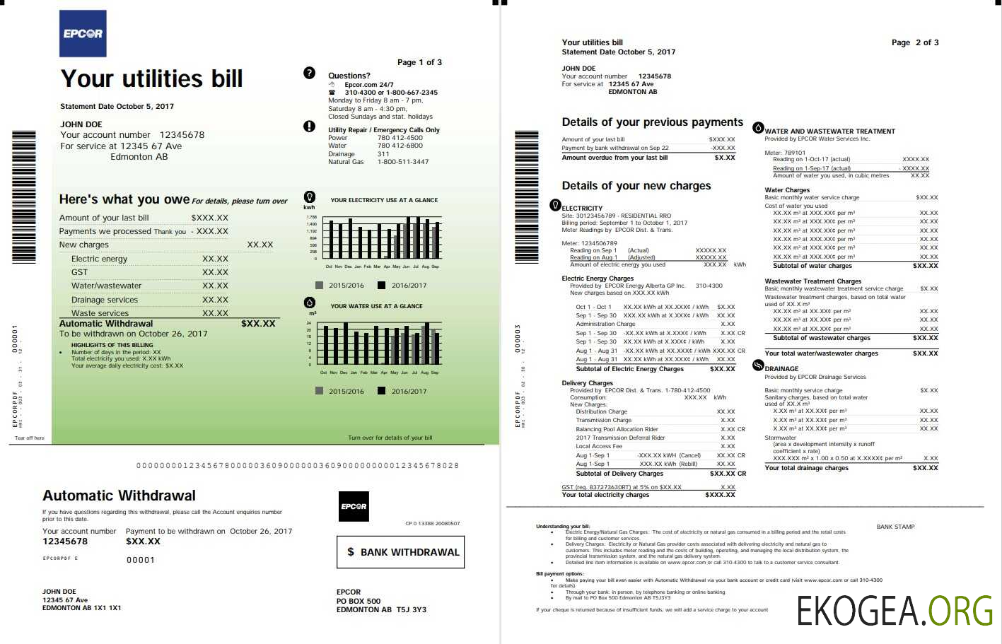 Canada Epcor electricity utility bill template in Word and PDF format, 3 pages 1 2